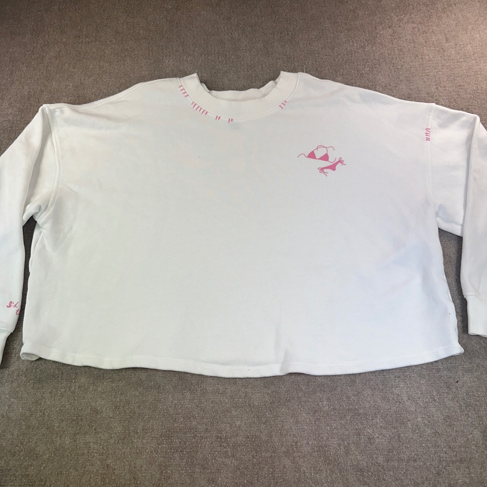 Wild Fable White Cropped Sweatshirt XL I'd Rather Be At The Beach Bikini Graphic